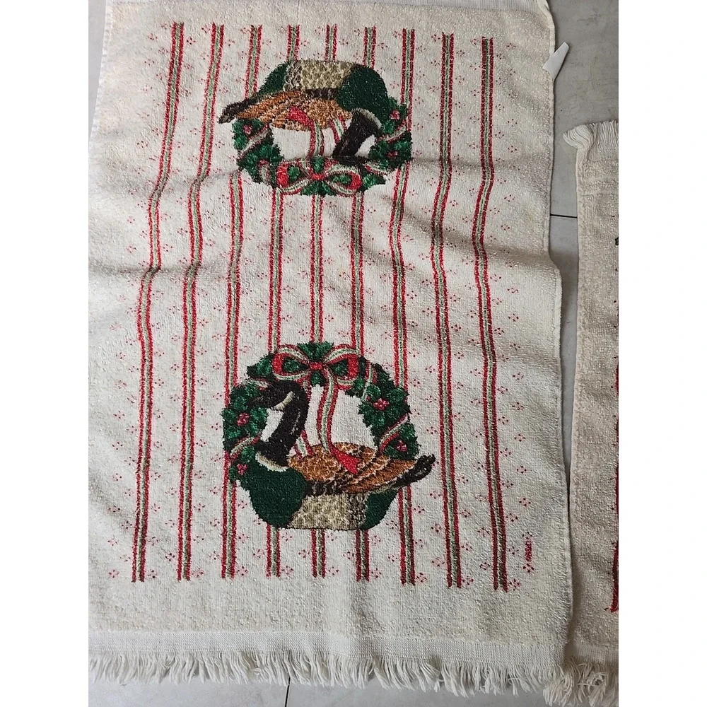 Lot of 3 Vtg MCM Cannon Christmas Duck‎ Deer 100% Cotton USA Fringe Hand Towels